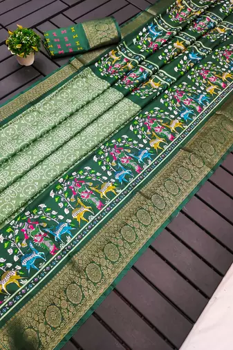 Pista dola silk blend Woven border saree with digital kalamkari and bandhej print