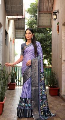 Purple dola silk blend Woven border saree with digital kalamkari and bandhej print 1