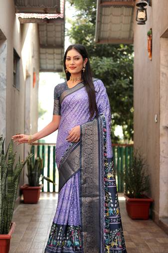 Purple dola silk Woven border designer saree with digital kalamkari and bandhej print