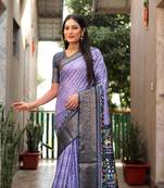 Purple dola silk Woven border designer saree with digital kalamkari and bandhej print