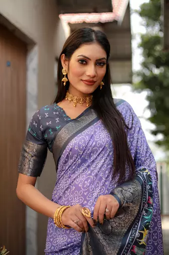 Purple dola silk blend Woven border saree with digital kalamkari and bandhej print