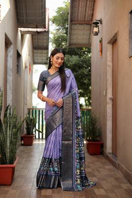 Purple dola silk blend Woven border saree with digital kalamkari and bandhej print 3