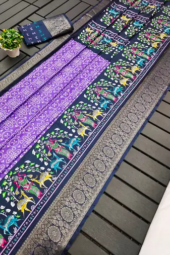 Purple dola silk blend Woven border saree with digital kalamkari and bandhej print