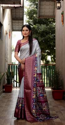 Grey dola silk blend Woven border saree with digital kalamkari and bandhej print 1