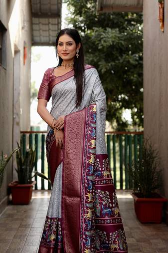 Grey dola silk Woven border designer saree with digital kalamkari and bandhej print