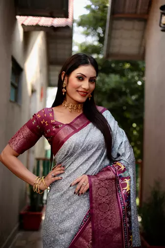 Grey dola silk blend Woven border saree with digital kalamkari and bandhej print