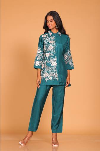 Sea green  coset hand embroidery