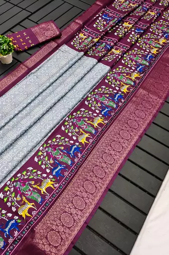 Grey dola silk blend Woven border saree with digital kalamkari and bandhej print