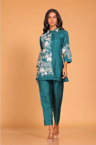 Sea green  coset hand embroidery