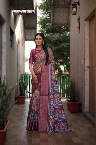 Brown dola silk Woven border designer saree with digital kalamkari and bandhej print