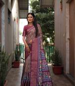 Brown dola silk Woven border saree with digital kalamkari and bandhej print