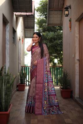 Brown dola silk blend Woven border saree with digital kalamkari and bandhej print 3