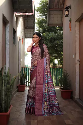 Brown dola silk blend Woven border saree with digital kalamkari and bandhej print