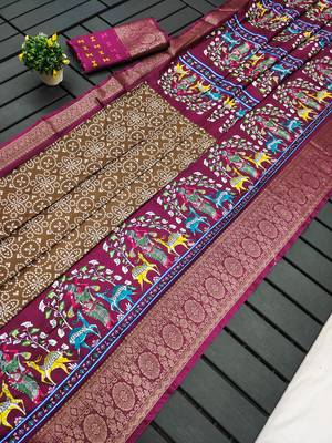 Brown dola silk blend Woven border saree with digital kalamkari and bandhej print 4