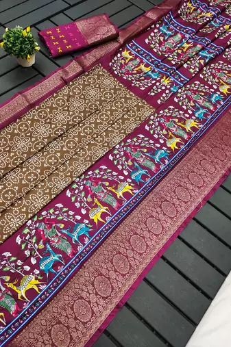 Brown dola silk blend Woven border saree with digital kalamkari and bandhej print