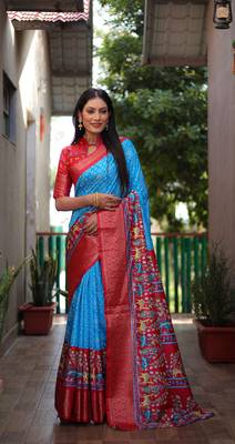 Blue dola silk blend Woven border saree with digital kalamkari and bandhej print 1