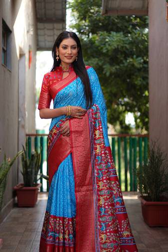 Blue dola silk Woven border designer saree with digital kalamkari and bandhej print