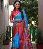 Blue dola silk Woven border saree with digital kalamkari and bandhej print
