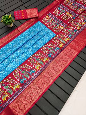 Blue dola silk blend Woven border saree with digital kalamkari and bandhej print 4