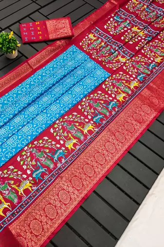 Blue dola silk blend Woven border saree with digital kalamkari and bandhej print