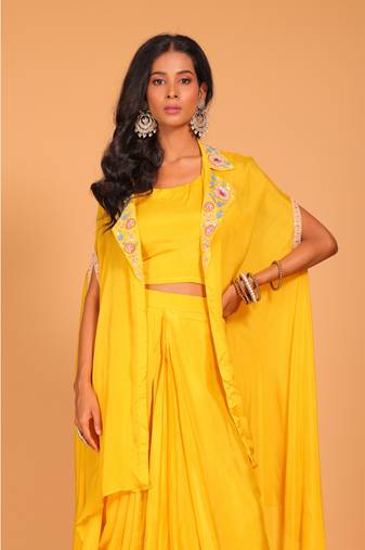 Yellow crop top set hand embroidery