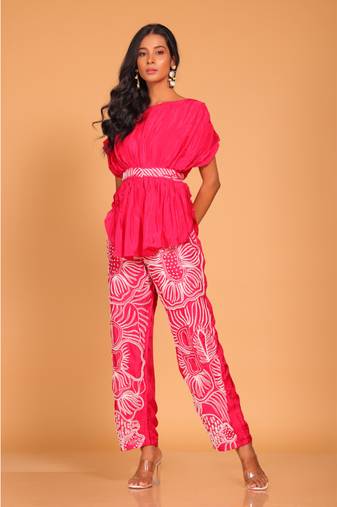 Light multicolour  short kaftan set with embroidery pant hand embroidery