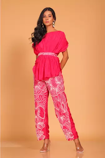 Light multicolour  short kaftan set with embroidery pant hand embroidery