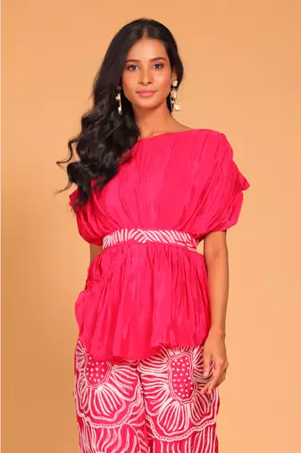 Light multicolour  short kaftan set with embroidery pant hand embroidery