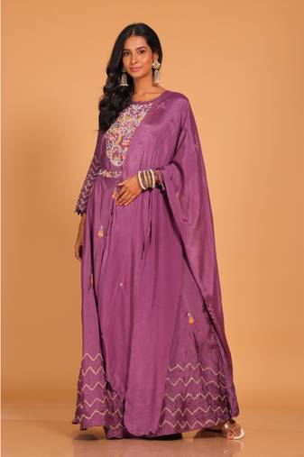 Light multicolour  long gown with dupatta set hand embroidery