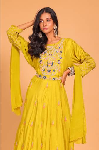 Yellow long gown with dupatta set hand embroidery