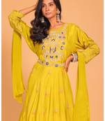 Yellow long gown with dupatta set hand embroidery
