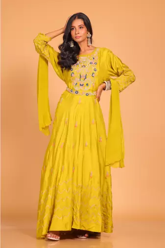 Yellow long gown with dupatta set hand embroidery