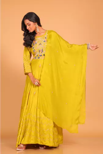 Yellow long gown with dupatta set hand embroidery