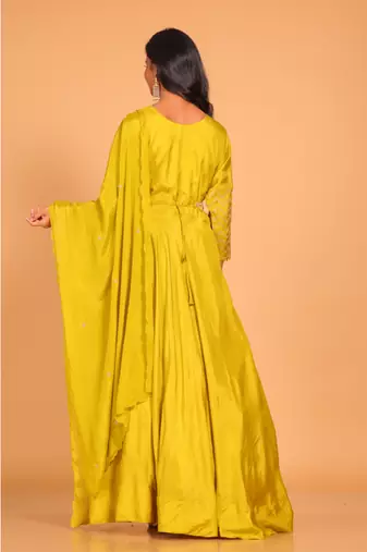 Yellow long gown with dupatta set hand embroidery
