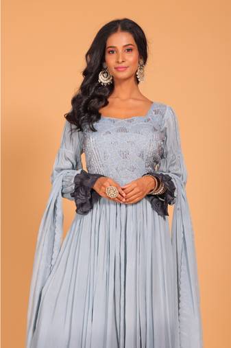 Light multicolour  long gown with dupatta set hand embroidery