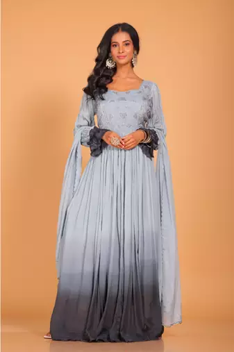 Light multicolour  long gown with dupatta set hand embroidery