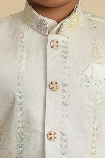 White silk embroidered kurta pajama set with waistcoat for boys party,wedding outfits traditional wear