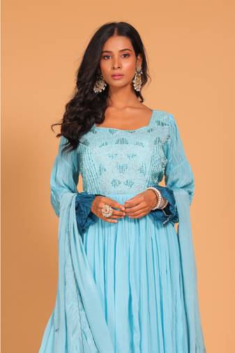 Light multicolour  long gown with dupatta set hand embroidery