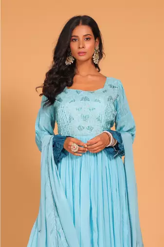 Light multicolour  long gown with dupatta set hand embroidery