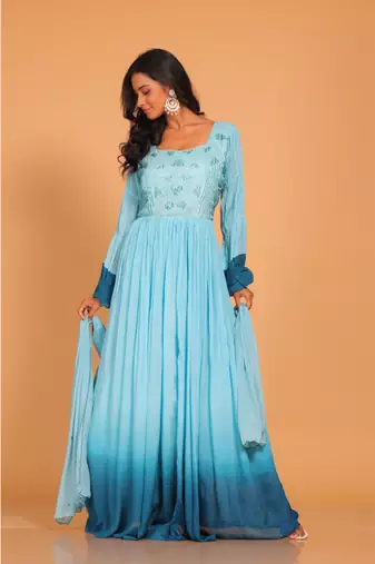Light multicolour  long gown with dupatta set hand embroidery