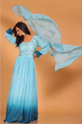 Light multicolour  long gown with dupatta set hand embroidery