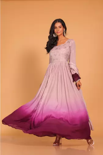 Light multicolour  long gown with dupatta set hand embroidery