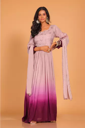 Light multicolour  long gown with dupatta set hand embroidery