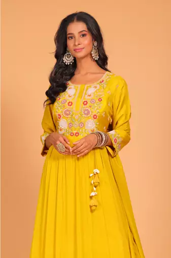 Yellow long gown with dupatta hand embroidery
