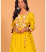 Yellow long gown with dupatta hand embroidery