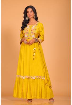 Yellow long gown with dupatta hand embroidery 2