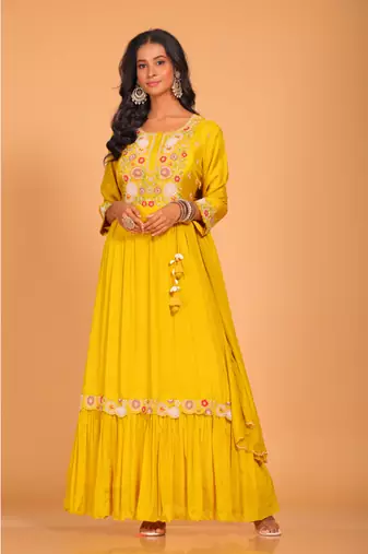 Yellow long gown with dupatta hand embroidery