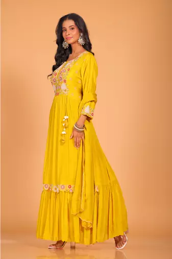 Yellow long gown with dupatta hand embroidery
