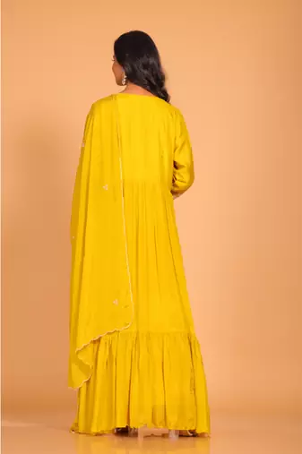 Yellow long gown with dupatta hand embroidery