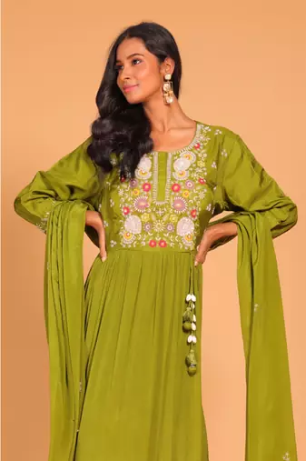 Green long gown with dupatta hand embroidery